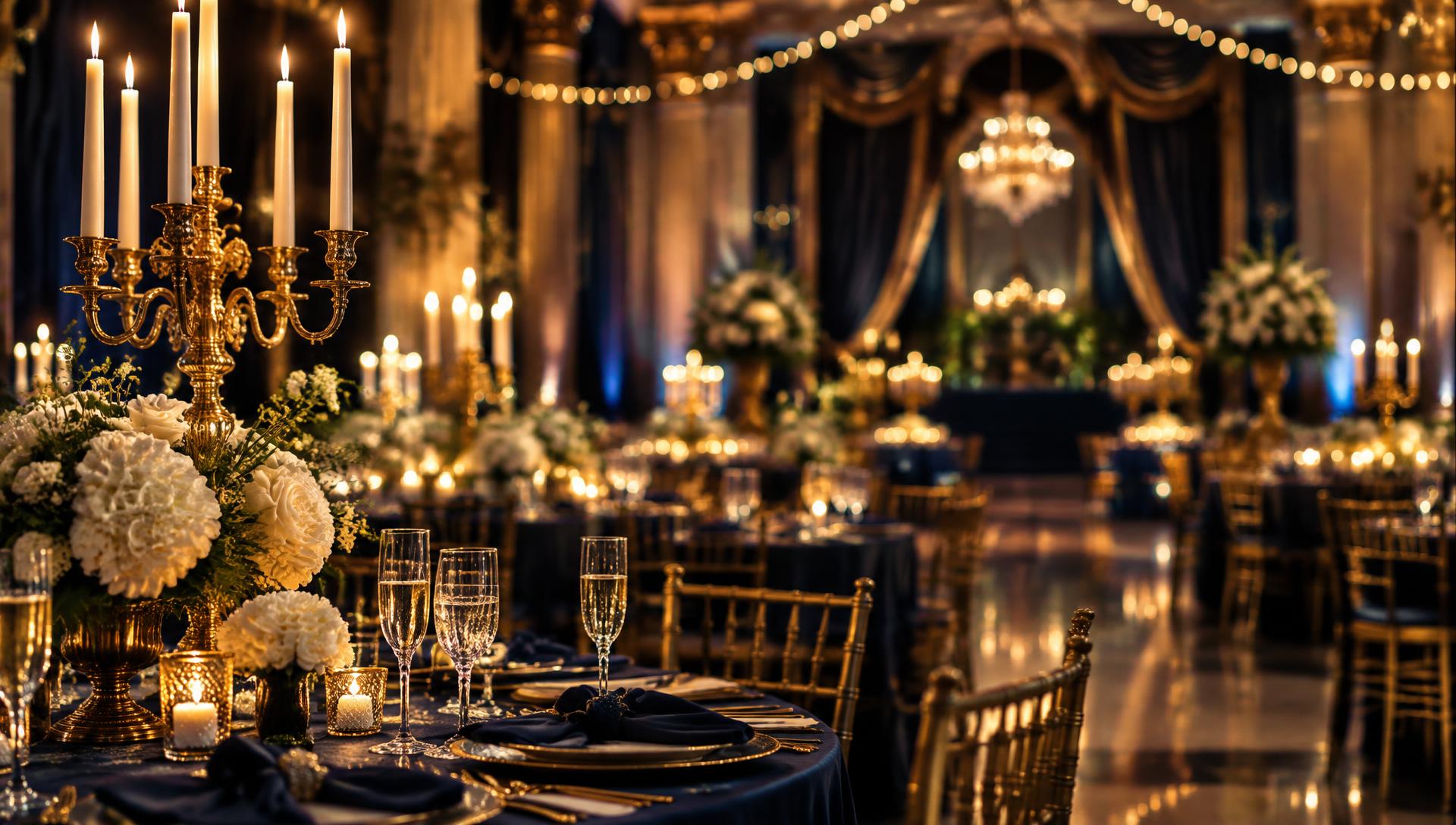 Candlelit gala tables with gold candelabras and white florals
